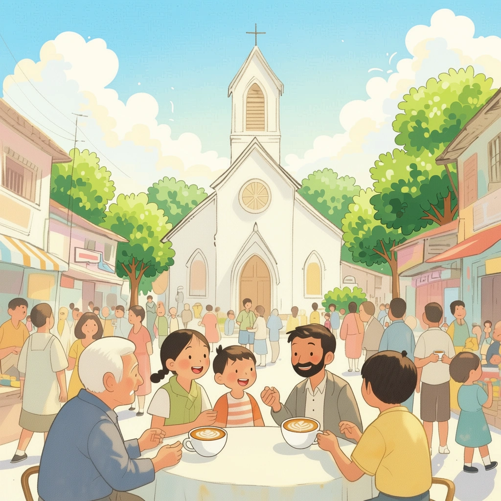 A church community gathering over coffee outside their church